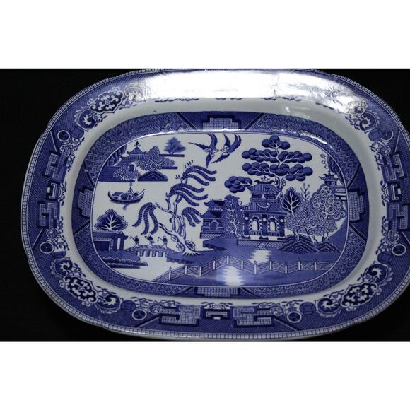 ANTIQUE W. RIDGWAY SEMI CHINA WILLOW BLUE and WHITE PLATTER ~ 13.75 x 11" - Picture 1 of 5